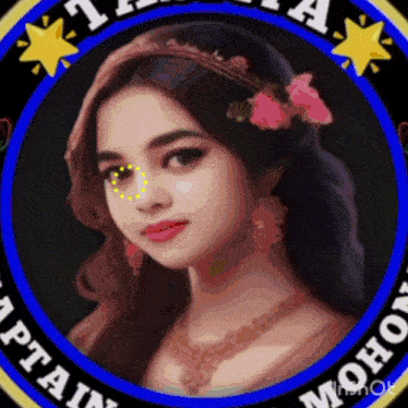 a girl with flowers in her hair is in a circle with the words captain momo on it