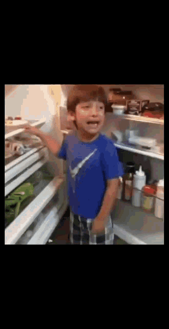 a young boy wearing a blue nike shirt stands in front of a refrigerator