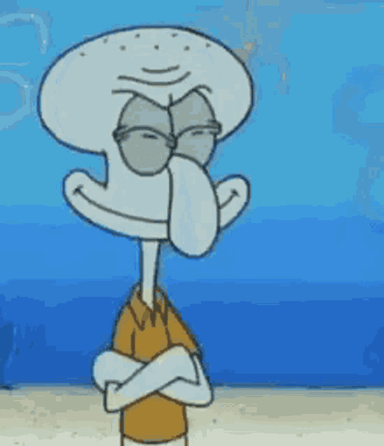 squidward from spongebob squarepants is holding a remote control in his hands .