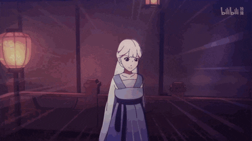 a cartoon drawing of a woman holding a sword with the word bilibili on the bottom right