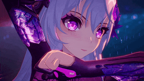 a girl with purple eyes is holding a purple object with the word no on it