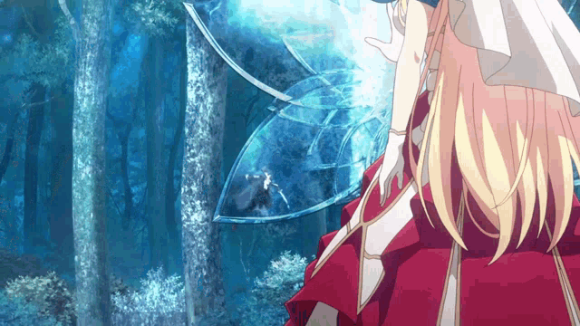 a girl in a red dress stands in a forest looking at a broken mirror