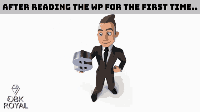 a cartoon man holding a dollar sign with the words take my money written below him