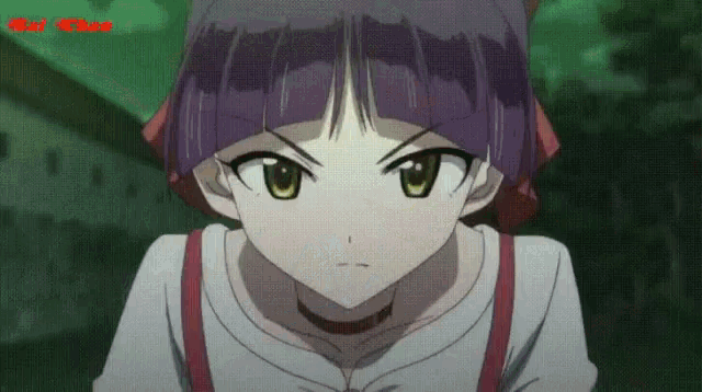 a girl with purple hair and green eyes is looking at the camera with a red watermark that says ' cat chan '