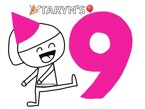 a drawing of a person wearing a party hat next to the number 9