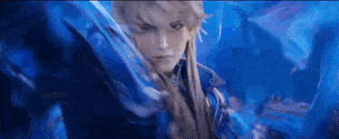 a close up of a person holding a sword in a blue background .