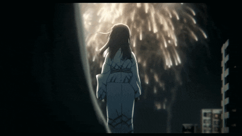 a girl in a white kimono stands in front of fireworks