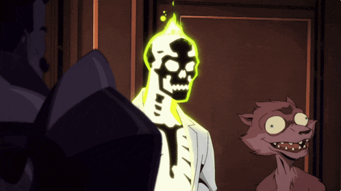 a cartoon drawing of a skeleton with a flame coming out of his head