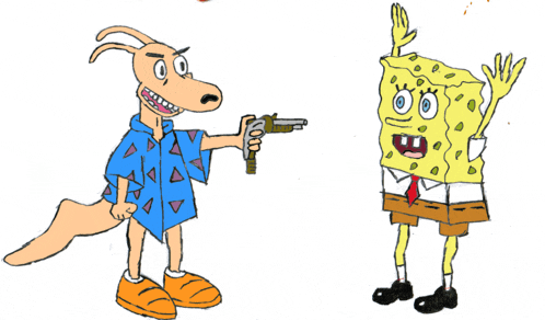 a drawing of a kangaroo pointing a gun at a spongebob character