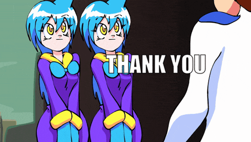 a cartoon of two girls standing next to each other with the words thank you in the corner