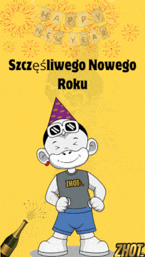 a happy new year greeting card with a cartoon character