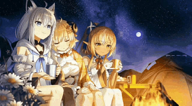 a group of anime girls are sitting around a campfire at night .