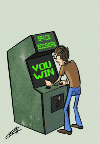 a cartoon drawing of a man playing space boosers