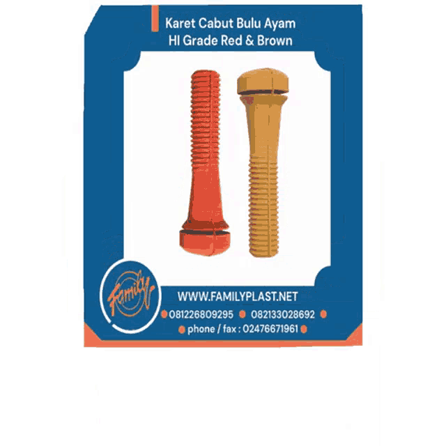 a blue and orange advertisement for karet cabut bulu ayam hi grade red & brown