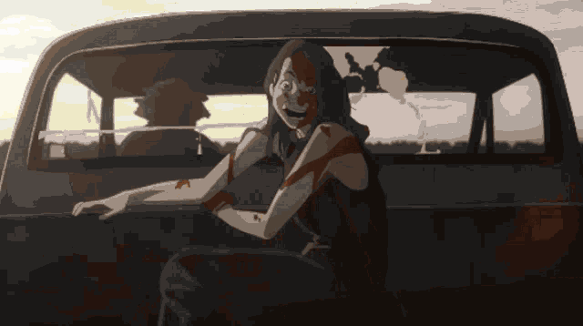 a cartoon of a woman sitting in the back of a truck
