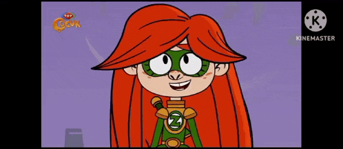 a cartoon girl with red hair and a green superhero costume is smiling .