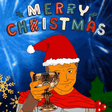 a cartoon of a man wearing a santa hat and holding a goblet with the words merry christmas written above him
