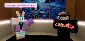 a cartoon character is talking to another cartoon character in a room with a keyboard in the background