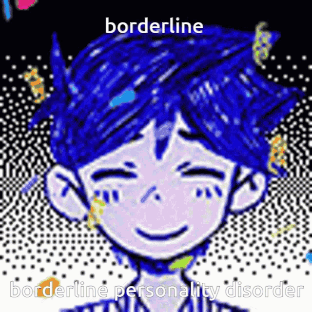 a cartoon of a boy with blue hair and the words borderline personality disorder on the bottom