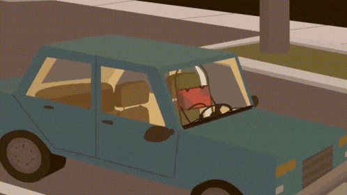a cartoon drawing of a man driving a car with an envelope in his face