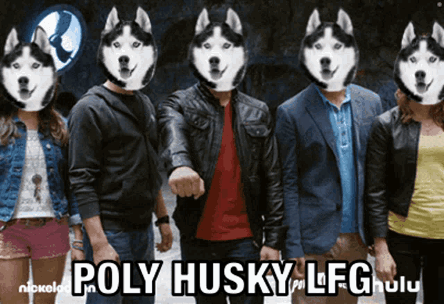 a group of people with husky faces on their faces and the words poly husky lfg hulu