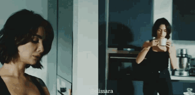 a woman is standing in a kitchen holding a cup of coffee and another woman is standing behind her holding a cup of coffee