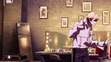a man in a white jacket is standing in a room with pictures on the walls ..