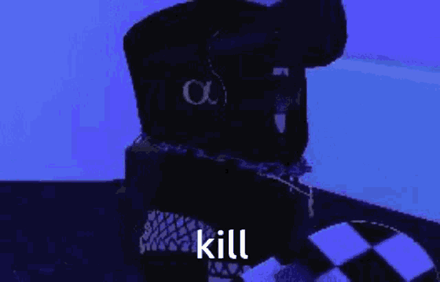 a roblox character wearing headphones and sunglasses is sitting on a couch and says `` kill '' .