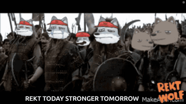 a group of people with their heads on a screen that says rekt today stronger tomorrow