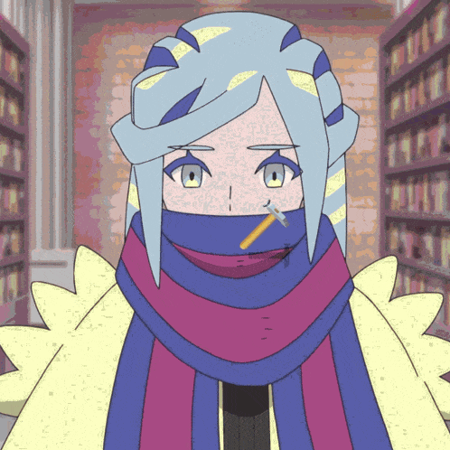 a cartoon character with a scarf around her neck and a pencil in her mouth