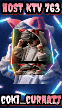 a picture of a boy with a cat ear hoodie and sunglasses .