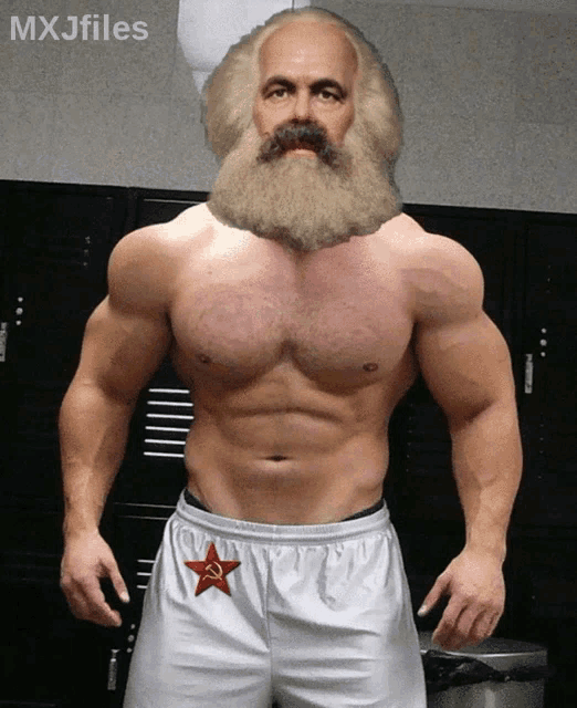a picture of a man with a beard and a red star on his shorts that says mxjfiles