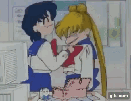 a couple of cartoon characters are standing next to each other in a room and looking at each other .