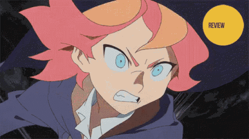 a cartoon of a girl with pink hair and a review circle in the background