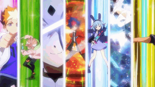 a group of anime characters are standing next to each other on a colorful background .