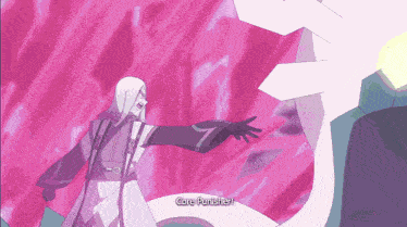a cartoon character says " core punisher " while standing in front of a pink wall