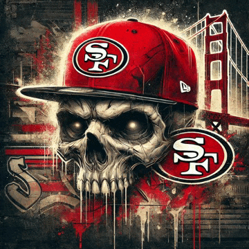 an illustration of a skull wearing a hat with the san francisco 49ers logo on it