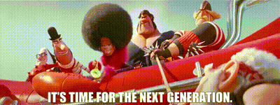 a group of cartoon characters are sitting on a red raft with the words it 's time for the next generation written below them