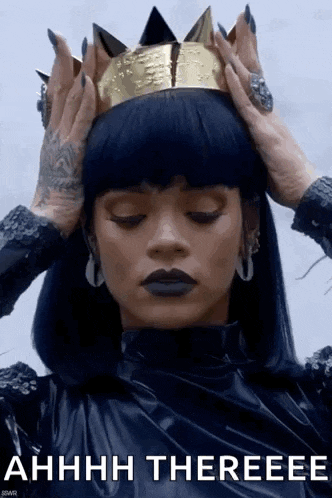 a woman is wearing a crown on her head and the text ahhhh thereeee is below her