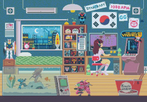 a pixel art drawing of a girl playing a video game