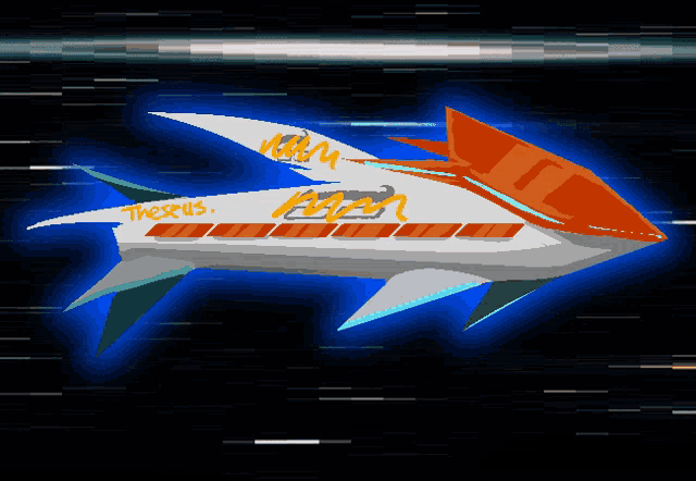 a pixel art drawing of a space ship with the words " theseus " written on the side