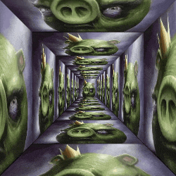 a painting of angry pigs in a maze