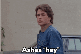 a man in a blue denim jacket says " ashes hey "