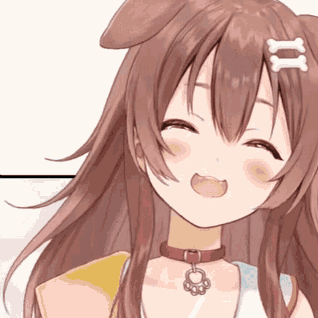 a close up of a brown haired anime girl with a dog collar