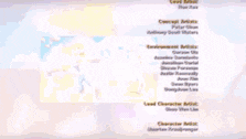 a video game credits screen with a cartoon character and a list of characters
