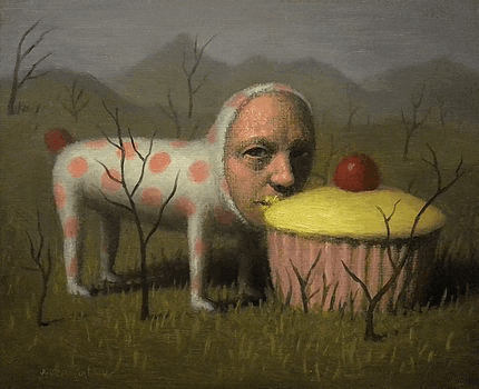 a painting of a dog eating a cupcake in a field .
