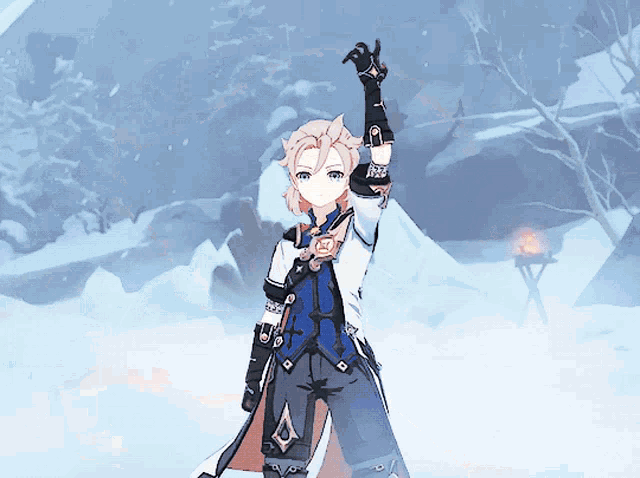 a cartoon character stands in the snow with his hand up