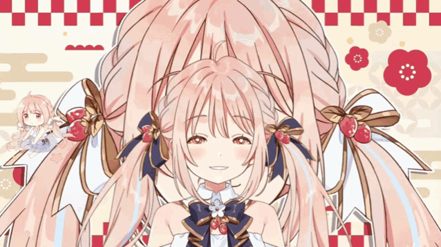 a drawing of a girl with pink hair and bows