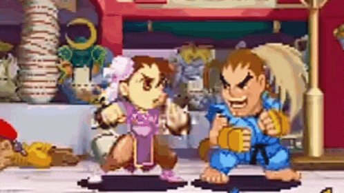 a couple of cartoon characters are fighting each other in a video game .