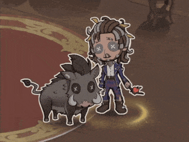a cartoon drawing of a man holding an apple next to a stuffed animal